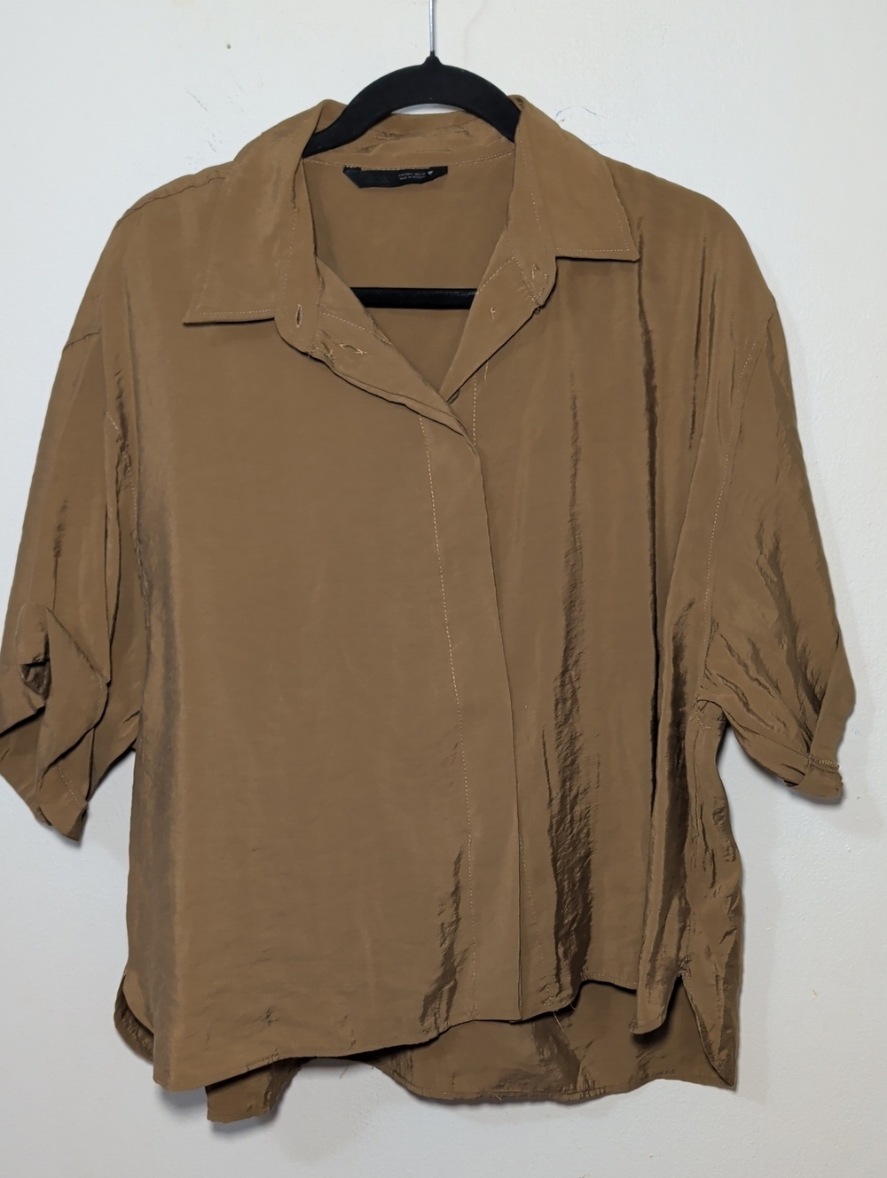 Zara Button-Front Camp Shirt Brown Point Collar Cuffed Sleeves Women's Size L